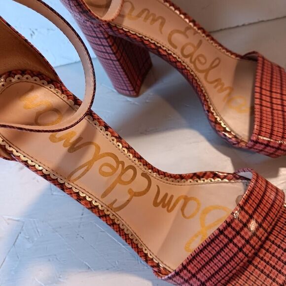 SAM EDELMAN Women's 7 Strappy YARO 4" Heels Strap Pink PLAID - Picture 2 of 8